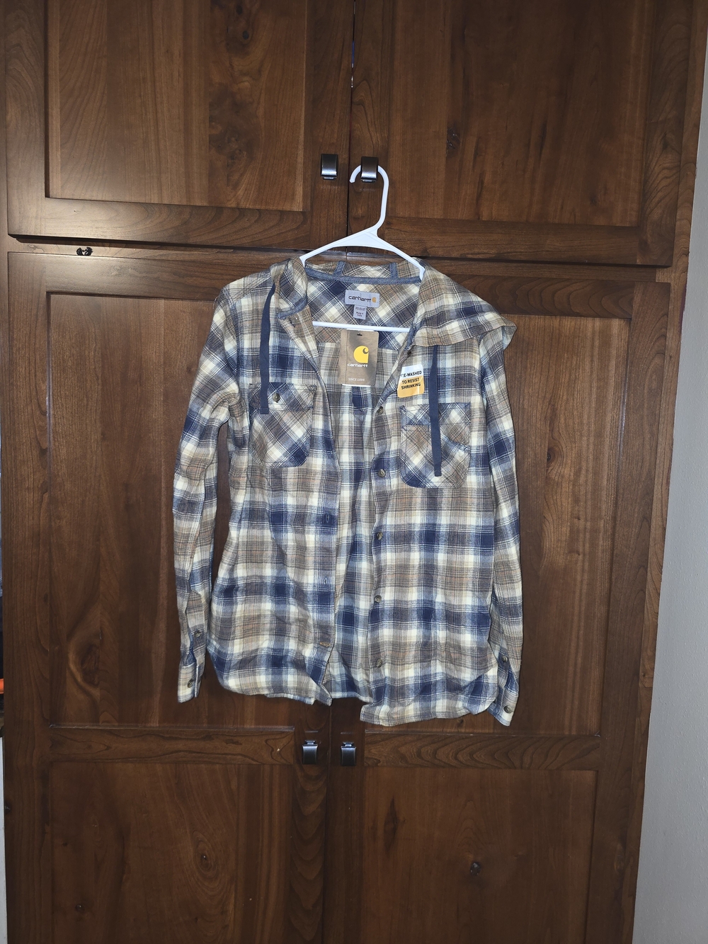 Carhartt Women’s Blue and Tan Plaid Hooded Button-Down Shirt